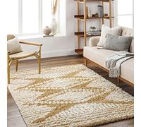 Livabliss Tappeto Shaggy Tuzla Ampio Tappeto Salotto Moderno, Sala da Pranzo, Morbido Tappeti Shaggy per Camera da Letto, Motivo Astratto Peloso, leggera da Pulire, 160x220cm Senape e Bianco