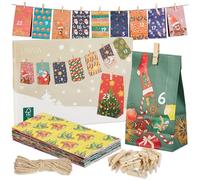 LIVAIA Calendario Avvento Fai da Te 2025 - Kit con 24 Sacchettini Regalo in Carta, Adesivi Numerati, Mollette, e un Cordoncino - Calendario Avvento da Riempire per Adulti e Bambini - Colorato 4 Motivi