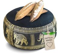 livasia Cuscino da Meditazione Seta thailandese - Ø 32x20cm - Cuscino per Yoga Piccolo kapok, Pouf, Cuscino da Pavimento Yoga Zen, Cuscino Giardino Balcone, Fatto a Mano (Nero/Elefanti Seta)