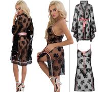 LIVCO KARONIN set 2 pezzi abito da notte vestaglia pizzo camicia da notte bia...
