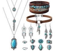 Livdouyu 13 gioielli boho da donna, gioielli indiani con catena boho, choker, orecchini turchesi, bracciali e anelli, accessori da cowgirl occidentali per Halloween, feste di Halloween, costumi hippie