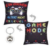 Livdouyu 45 x 45 cm, cuscino decorativo originale, da uomo, con 3 tasche e scritta, con scritta "Ein Zocker non invecchia, cuscino decorativo double face, con portachiavi, regalo di compleanno per la