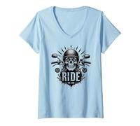 Live to Ride Ride to Live Moto Skull Biker Rebel Maglietta con Collo a V, Donna, Celeste, S