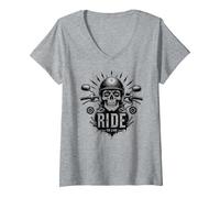 Live to Ride Ride to Live Moto Skull Biker Rebel Maglietta con Collo a V, Donna, Grigio Melange, S
