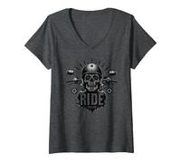 Live to Ride Ride to Live Moto Skull Biker Rebel Maglietta con Collo a V, Donna, Grigio Scuro, L