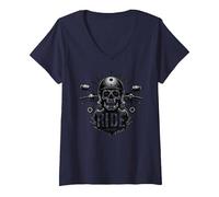 Live to Ride Ride to Live Moto Skull Biker Rebel Maglietta con Collo a V, Donna, Navy, M