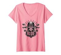 Live to Ride Ride to Live Moto Skull Biker Rebel Maglietta con Collo a V, Donna, Rosa, L