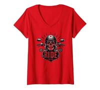 Live to Ride Ride to Live Moto Skull Biker Rebel Maglietta con Collo a V, Donna, Rosso, L