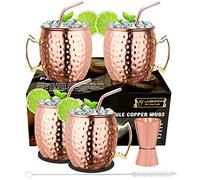 LIVEHITOP Bicchieri Moscow Mule Rame 4 Pezzi, 19,5 oz Tazza Rame con 4 Sottobicchieri, 4 Cannucce, Jigger e Spazzole di Paglia, Set Regali Tazza per Casa, Barra, Festa (4)
