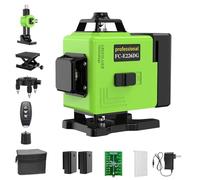 Livella Laser 4D Verde 360° Autolivellante - 16 Linee con Luminosità Regolabile, 2 x 2400 mAh Batterie e Base di Micro-regolazione - Set Professionale con Custodia Protettiva