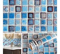 Livelynine 40CMX10M Piastrelle Adesive Bagno Mosaico Blu Rotolo Carta Adesiva per Pannelli Retro Cucina per Muro 3D Paraschizzi Cucina Adesivo Mattonelle Adesive Bagno Adesivi Decorativi