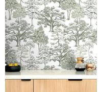 Livelynine Carta da Parati Adesiva Muro Toile de Jouy Grigio Verde Bianco Carta da Parati Camera da Letto Autoadesiva disegni Foresta Pellicola Adesiva per Mobili Fantasia Bosco Alberi 44.5CMx2M