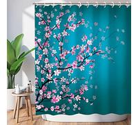 LIVILAN Tenda da doccia giapponese con fiori di ciliegio, tenda da doccia con fiori di prugna Sakura con 12 ganci, colore blu foglia di tè e rosa, 182,9 x 183 cm (larghezza x altezza)