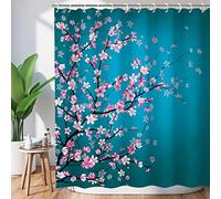 LIVILAN, Tenda da doccia per il bagno, colore foglia di tè e rosa, motivo con fiori di ciliegio, con 12 ganci, tenda decorativa, ideale come regalo di San Valentino, 182,9 cm di larghezza x 198 cm di