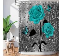 LIVILAN, Tenda da doccia per il bagno, colore turchese, motivo con gocce di pioggia, fiori blu scuro e grigi, con 12 ganci, tenda decorativa, ideale come regalo di San Valentino, 182,9 cm di larghezza