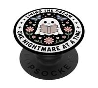Living The Dream Book Lover Cute Ghost Reading Bookish Black PopSockets PopGrip Adesivo
