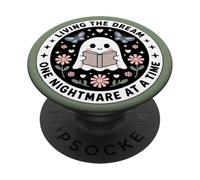 Living The Dream Book Lover Cute Ghost Reading Bookish Green PopSockets PopGrip Adesivo