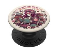 Living The Dream Book Reading Boho Floral Skeleton Bookish PopSockets PopGrip Adesivo