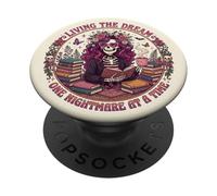 Living The Dream Book Reading Boho Floral Skeleton Bookish PopSockets PopGrip Adesivo