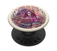 Living The Dream Book Reading Boho Floral Skeleton Bookish PopSockets PopGrip Adesivo