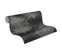 Livingwalls Carta da parati con piume Mata Hari in tessuto non tessuto grigio nero con effetto glitter finemente strutturato 380094