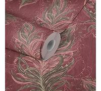Livingwalls Carta da parati con piume Mata Hari in tessuto non tessuto, marrone, rosa, rosso, con effetto glitter finemente strutturato, 380093