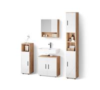 Livinity Set di mobili da bagno Ronco, Bianco lucido/oro power oak, 4 parti, con armadio alto