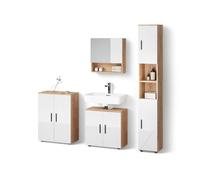 Livinity Set di mobili da bagno Ronco, Bianco lucido/oro power oak, 4 parti, con armadio alto e cassettiera