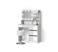 Livinity Tavolo da toeletta Imola, Bianco, con illuminazione a LED, sgabello e ripiano a specchio