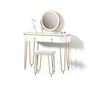 Livinity Tavolo da toeletta Isonca, Bianco lucido, con illuminazione LED e sgabello