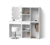 Livinity Tavolo da toeletta Nola, Bianco, con LED, sgabello e armadio