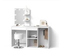 Livinity Tavolo da toeletta Nola, Bianco, con LED, sgabello e armadio