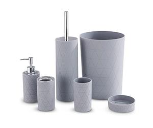LIVIVO Elegante set di 6 accessori da bagno e lavabo, moderno kit di organizer da toeletta include bicchiere, portaspazzolino e scopino per WC, dispenser per lozione, portasapone e cestino (grigio