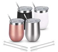 Livole - Set di 4 bicchieri da vino in acciaio inox con coperchio cannuccia, 340 g, infrangibili, senza stelo da viaggio, per uso familiare, all'aperto, picnic e regali di Natale