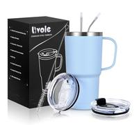 Livole Tazza da viaggio con manico, 600 ml, con cannuccia e 2 coperchi, a doppia parete, in acciaio inox, termica, da viaggio, per bevande fredde, azzurro