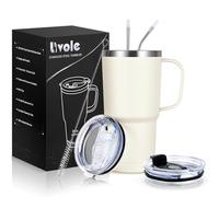 Livole Tazza da viaggio con manico, da 600 ml, con cannuccia e 2 coperchi, a doppia parete, in acciaio inox, termica, da viaggio, per bevande fredde, colore bianco sporco