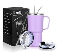 Livole Tazza da viaggio con manico, da 600 ml, con cannuccia e 2 coperchi, a doppia parete, in acciaio inox, termica, da viaggio, per bevande fredde, viola chiaro