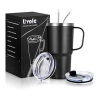 Livole Tazza da viaggio con manico, da 600 ml, con cannuccia e 2 coperchi, a doppia parete, in acciaio inox, termica, da viaggio, per bevande fredde, colore nero