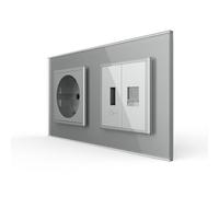 Livolo - Modulo di collegamento a 2 prese USB A & LAN CAT6 + presa Schuko con cornice in vetro, da incasso, 16 A (grigio)