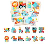 Liwein Set 12 Pezzi Puzzle 3D in Legno per Bambini 1-6 Anni - Animali e Trasporto