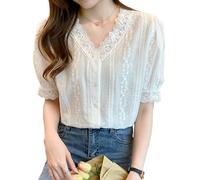 LIWENS Maglietta Maniche Corte Donna Camicetta Bianca Manica Corta Estiva da Donna in Pizzo Camicia Camicia da Donna Camicia Camicette Camicette-Bianco-M
