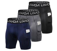 Lixada 3 Pezzi Pantaloncini Elastici da Uomo con Tasca Traspirante Biancheria Intima Elastico Pantaloni Sportivi Leggings Corti per Correre Jogging Ciclismo S-XXL