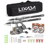 Lixada Canna da pesca Combo Set 1.5/1.8/2.1/2.4m 2PCS Rod Reel Canna da pesca telescopica in fibra di carbonio Mulinelli da pesca Set da pesca con ganci Esche morbide Barile Girelle Borsa di