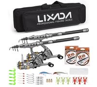Lixada Canna da pesca Combo Set 1.5/1.8/2.1/2.4m 2PCS Rod Reel Canna da pesca telescopica in fibra di carbonio Mulinelli da pesca Set da pesca con ganci Esche morbide Barile Girelle Borsa di