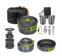 Lixada Pentole Kit da Campeggio, Set di Pentola e Padella Leggera e Antiaderente con Teiere Tazze in Acciaio Inossidabile Piatti Forchette Coltelli Cucchiai per Campeggio Trekking