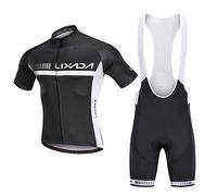 Lixada Set di maglia da ciclismo, traspirante, a maniche corte + bretelle imbottite 3D, materiale ad asciugatura rapida, orlo antiscivolo, 3 tasche posteriori profonde