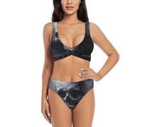 LIXLZH Horror Fantasma Cranio Stampa Trendy Bikini Set Donne Ad Asciugatura Rapida Morbido Spiaggia Piscina Estate Vacanze Attività acquatiche, nero, S