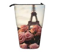 Lixlzh Torre Eiffel con stampa di fiori di rosa telescopico in piedi astuccio portapenne in poliestere cancelleria ufficio organizzatore scatola, nero, taglia unica, Art Deco, Nero , Taglia unica, Art