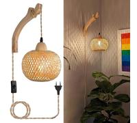 Liyabber Applique da Parete Interno con Spina e Interruttore | E27 Vintage in Legno Lampada da Parete, Lanterna di Bambù Retrò, Lampada da Comodino in Rattan per Camera da Letto Soggiorno