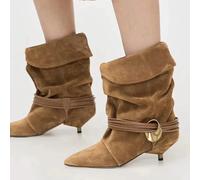 Liyke Fashion Design Stivaletti pieghettati per donna Winter Street Vintage Punta a punta Strani tacchi bassi Scarpe da passerella Marrone